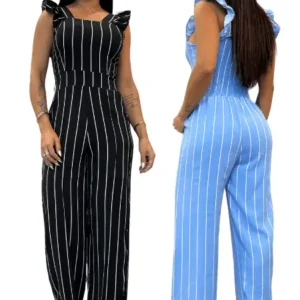 Macacao Longo Listrado com Alça Babado