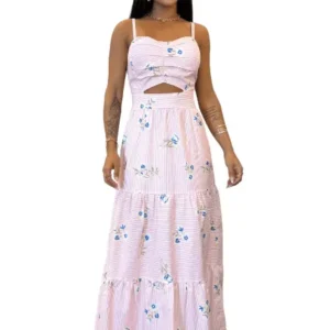 Vestido Vestido Femenino Listrado Floral Rosa